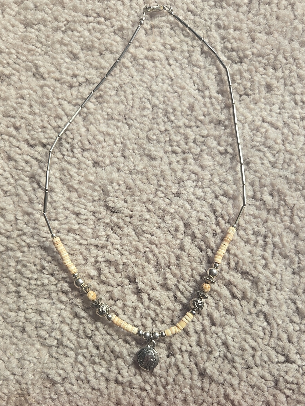 Vintage Liquid Silver Shells Silver-Tone Bead Necklace Buffalo Nickel